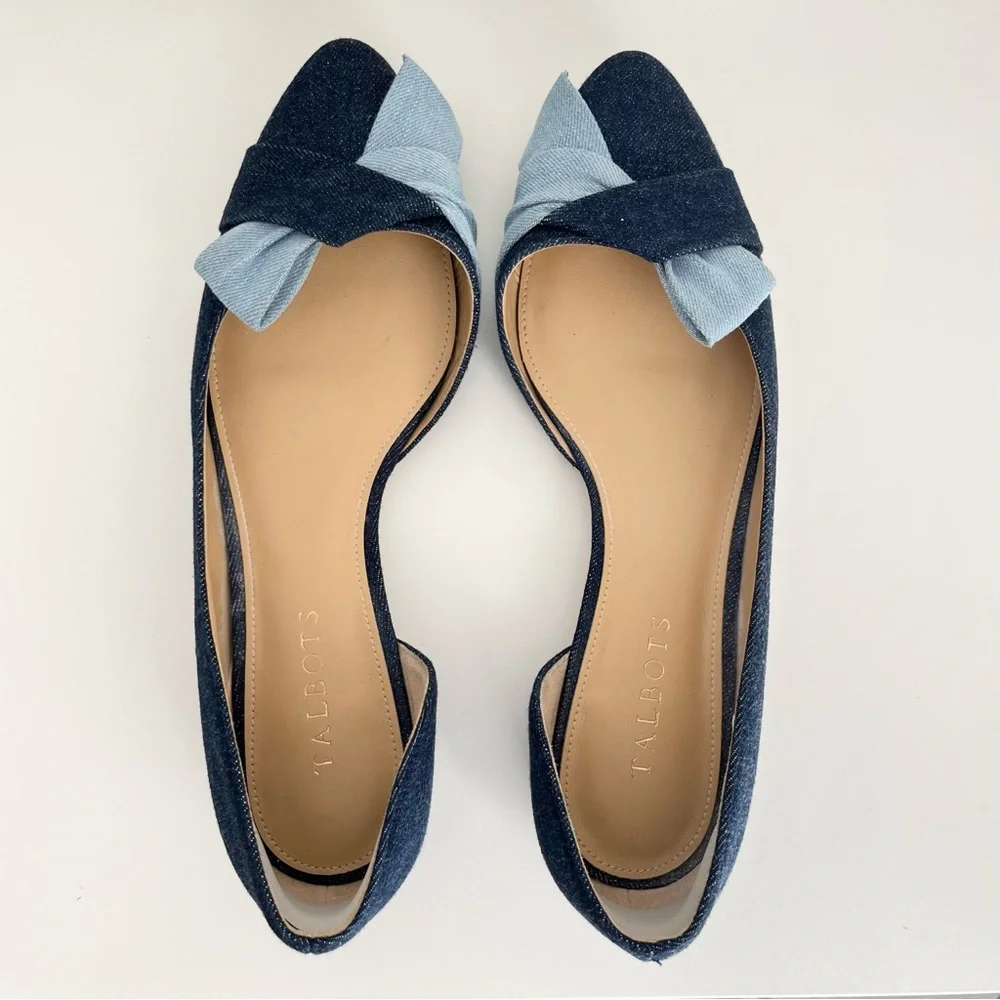 Talbots Edison D'Orsay Bow Flats Shoes 8.5 Blue Denim Classic Preppy Office Chic